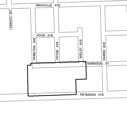 West Ridge/Peterson TIF district, which expired in 2010, was roughly bounded on the north by Norwood Street, Peterson Avenue on the south, Seeley Avenue on the east and Hamilton Avenue on the west.